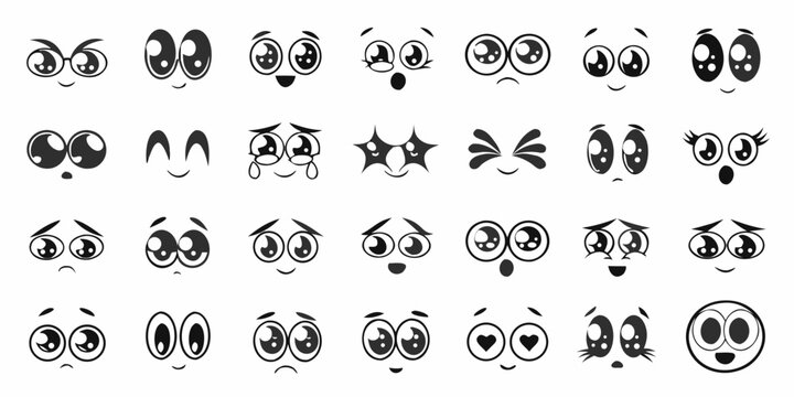 Set of cartoon eyes and mouths with various emotions in black and white