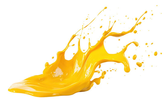 A splash of yellow paint dynamically erupts on a clean white background. illustrating the essence of creativity and artistic expression. ideal for design and art-related projects - Powered by Adobe