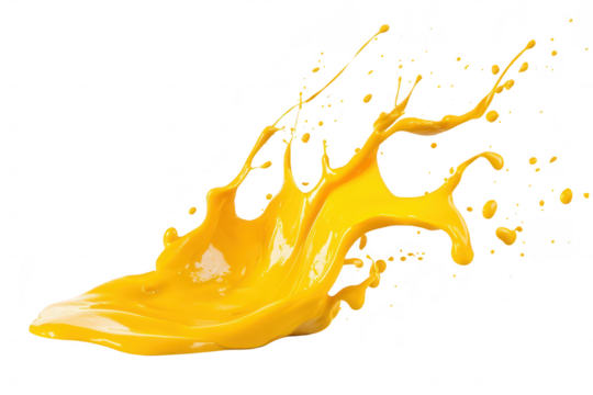 A splash of yellow paint dynamically erupts on a clean white background. illustrating the essence of creativity and artistic expression. ideal for design and art-related projects