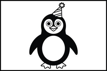 Adorable cartoon penguin character wearing a festive party hat isolated on white background, Vector