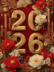 Luxurious Chinese New Year 2026 poster featuring exquisite golden numbers and vibrant floral designs