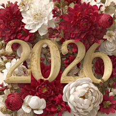 Elegant floral illustration featuring the number 2026 with rich red and gold tones celebrating the lunar new year and the year of the horse