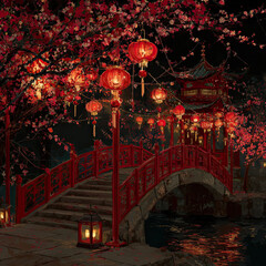 Festive night scene of a traditional Chinese red bridge adorned with lanterns and cherry blossoms celebrating the Lunar New Year