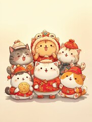 Joyful cartoon cats celebrate Chinese New Year 2026 in sweet, adorable style with a lion dance-rat mascot and festive outfits