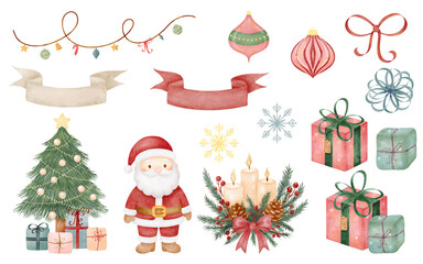 Watercolor Christmas clipart set with santa, gifts, tree, candles, toys, winter wreath and festive decorations 