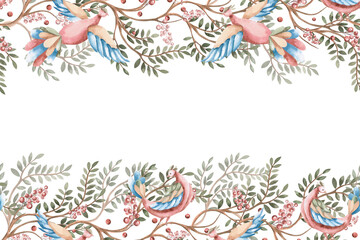 A rectangular frame with branches and stylized birds. Isolated watercolor illustration for flower shop business cards, cosmetic packaging, poster printing, and Christmas card design.
