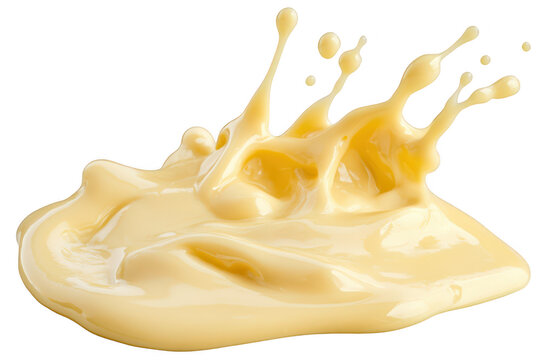 A splash of creamy yellow sauce or condiment. artistically captured mid-air. dynamic motion with droplets suspended. ideal for culinary presentations or food-related content