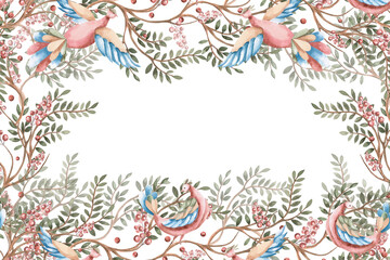 A rectangular frame with branches, berries, and stylized birds. Isolated watercolor illustration for flower shop business cards, cosmetic packaging, poster printing, and Christmas card design.