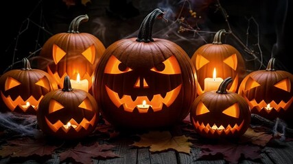 A captivating arrangement of illuminated jack-o'-lanterns creates a festive and eerie atmosphere, perfect for autumn seasonal themes. Each carved pumpkin displays a distinct, glowing face, with flicke - Powered by Adobe