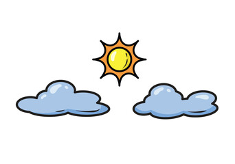 Cartoon Sun and Clouds Icon with Glossy Highlights. Simple Weather Forecast Graphic Element Vector. Bright Day Clipart for Kids Design.