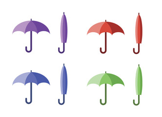Set of Colorful Umbrellas. Open and Closed Flat Icons. Rain and Protection Graphic Element Vector Pack. Weather Gear Clipart Collection.