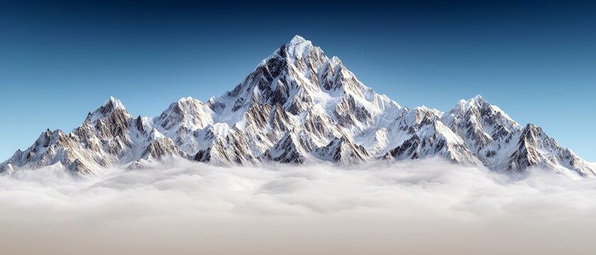 A dramatic panorama of jagged, snow-covered mountain peaks rising majestically above a thick blanket of soft, white clouds.