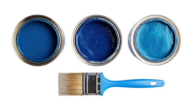 Three open paint cans, varying blues, plus paintbrush
