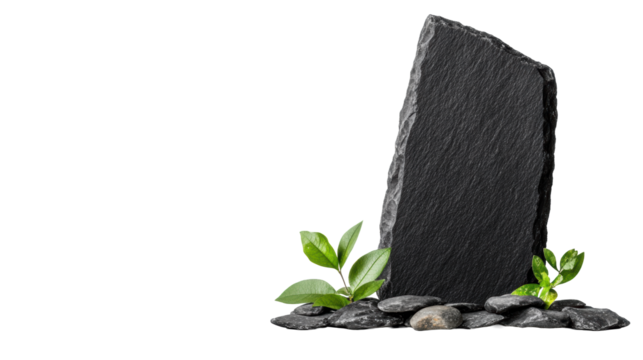 Slate headstone with leaves on a transparent background