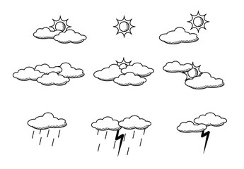 Hand Drawn Weather Icons Set Vector Illustration. Doodle Style Forecast Elements Collection. Sun, Clouds, Rain, and Storm Sketch Clipart.