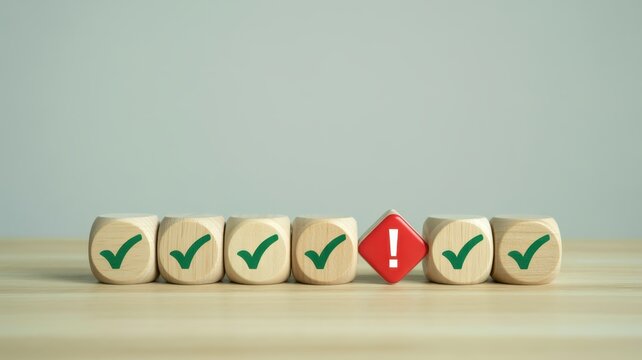 Row of wooden cubes featuring green confirmation marks and one red warning sign presents a concept of error correction