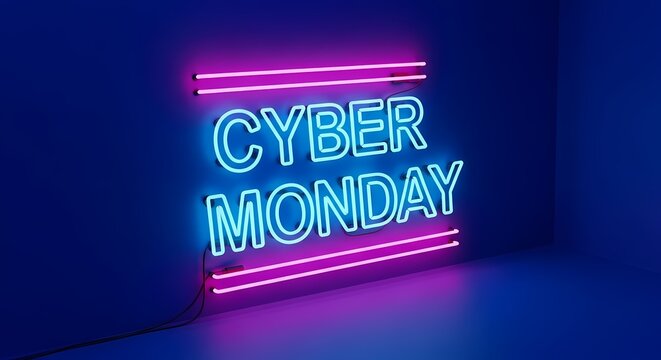 Cyber monday neon sign on blue wall for online shopping promotion event