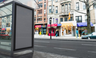 Fototapeta premium Advertise your brand with a blank billboard at a modern bus stop in a bustling city center for maximum exposure