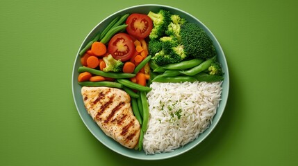 plate divided into three sections of vegetales, chicken filet and rice. healthy diet