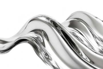 A mesmerizing wave of shiny. reflective metal undulates gracefully against a minimalist white background. creating a sense of fluidity and elegance. ideal for modern design concepts