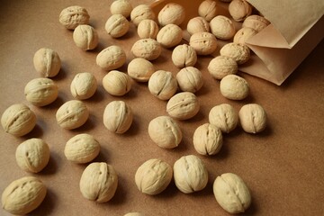 A pile of walnuts spilled out of the paper bag
