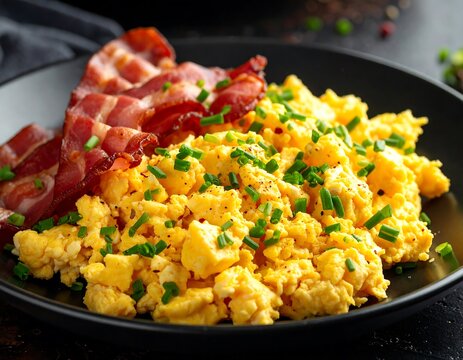 Classic American breakfast of scrambled eggs and crispy bacon on black plate