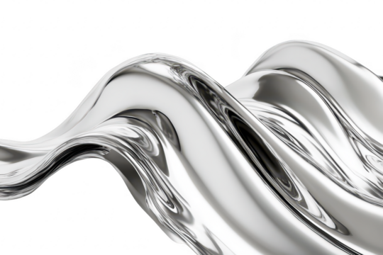 A mesmerizing wave of shiny. reflective metal undulates gracefully against a minimalist white background. creating a sense of fluidity and elegance. ideal for modern design concepts