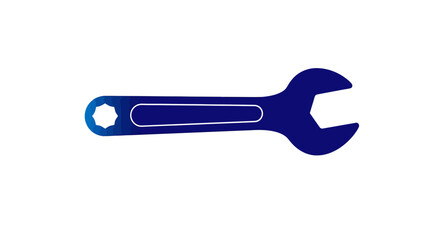 A dark blue wrench silhouette with a stylized octagonal head detail on a white background