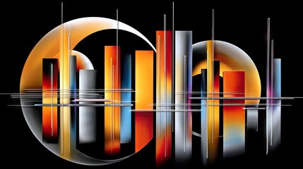 A vibrant abstract composition featuring vertical rectangular shapes resembling skyscrapers with a large, glowing orange orb or moon.