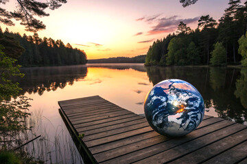 Earth resting by lake at sunset
