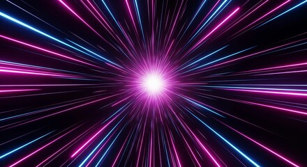 Abstract background with glowing neon lines in blue and pink colors creating a futuristic tunnel effect, ideal for science fiction or technology themes