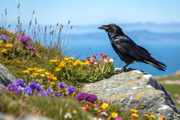 Raven on rock with flowers