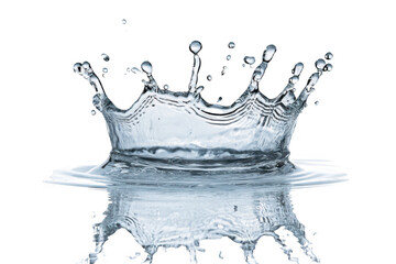 A close-up view of a water droplet creating a splash. forming a crown shape. with ripples spreading outward on a reflective surface. set against a clean white background. ideal for illustrating fluid