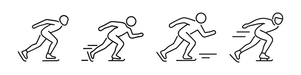 Obraz premium Linear icon set of speed skating: four stylized athletes in dynamic forward-leaning poses, captured mid-stride