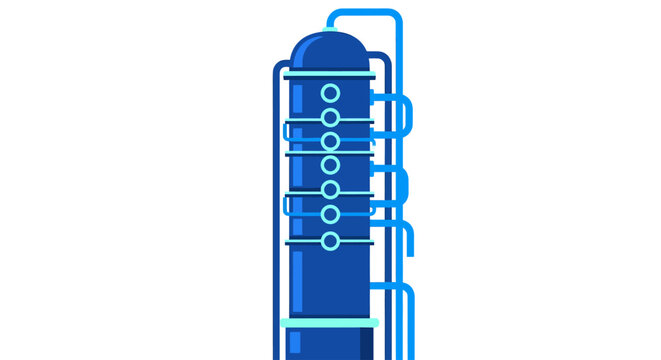 Stylized blue distillation column or chemical reactor with pipework no background