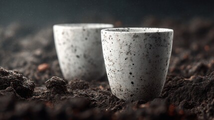 Grey ceramic cups on earth