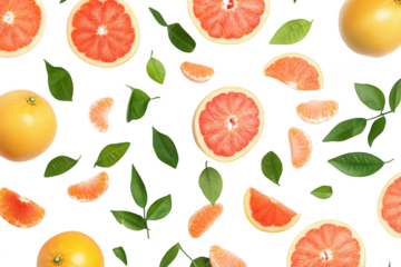 A arrangement of fresh grapefruits and citrus segments scattered among green leaves on a clean white background. ideal for food photography or healthy lifestyle content