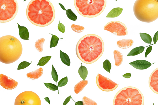 A arrangement of fresh grapefruits and citrus segments scattered among green leaves on a clean white background. ideal for food photography or healthy lifestyle content
