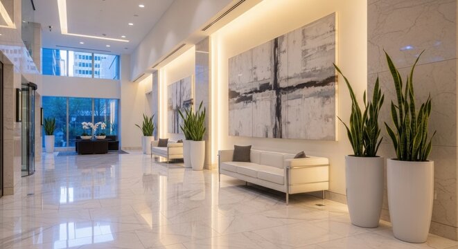 Modern corporate lobby with marble floors, large abstract art, natural light, and sleek white seating for a premium business environment.