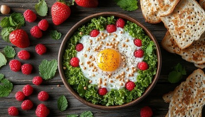 A bowl of sunny-side-up egg, lettuce, and raspberries with toast on a wooden table. This photo shows a healthy breakfast or brunch idea for recipe blogs or food articles.
