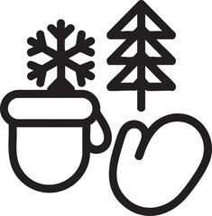 Black outline snowflake mitten and pine tree icons