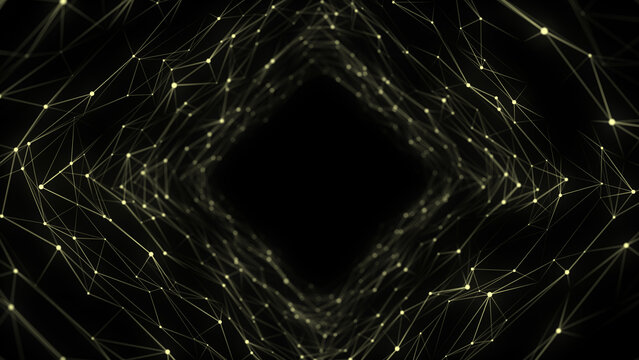 Futuristic sci-fi square portal in space. 3D ai tunnel with dots and lines. Abstract digital wormhole data. Flow particle by funnel. Fantasy circle vortex on dark background. 3D rendering.
