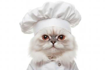 A fluffy white cat wearing a chefs hat and a white coat stands confidently. embodying the spirit of culinary creativity in a bright. clean kitchen setting. ready to prepare delicious meals