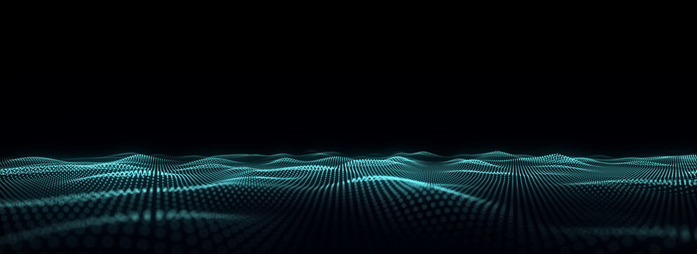Abstract technology wave with motion glowing dots. Dark cyberspace in digital background. Connection big data. Futuristic wireframe texture. Dynamic analysis a network connection. 3D rendering.