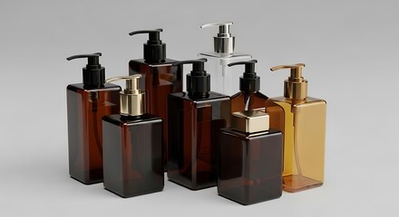 Square Pump bottles mockup, cubic shape liquid dispenser bottles, elegant plastic body wash packagings, amber plastic lotion container, amber glass cosmetic dispenser, dark brown bottle mockup