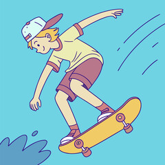 Active teen boy performing a skateboarding trick in a dynamic modern illustration