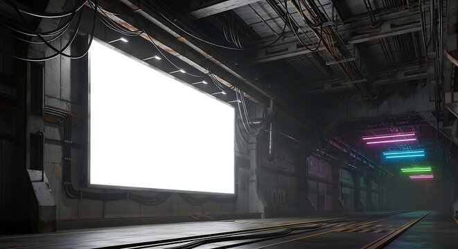 Sci-fi, empty billboard. Cyberpunk. Futuristic empty white billboard mockup. Billboard in futuristic hangar. Grunge, concrete. Modern warehouse with empty billboard. Tunnel. 3d render.