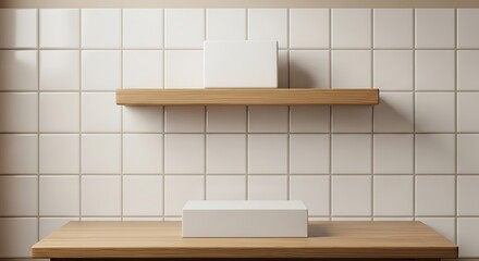 Realistic tiled wall, white soap box on wooden shelf. Vector illustration of plastic podium mockup for beauty product demonstration, kitchen table made of natural oak wood, beige bathroom interior
