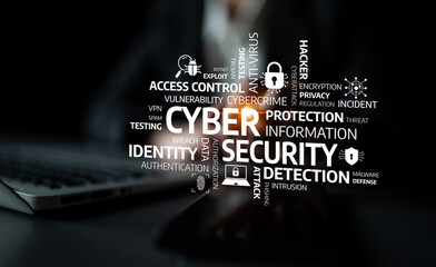 Explore the essential concepts of cyber security illustrated through key terms and icons,...