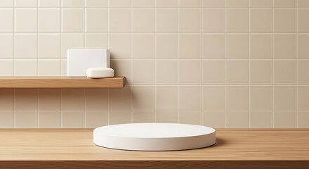 Realistic tiled wall, white soap box on wooden shelf. Vector illustration of plastic podium mockup for beauty product demonstration, kitchen table made of natural oak wood, beige bathroom interior